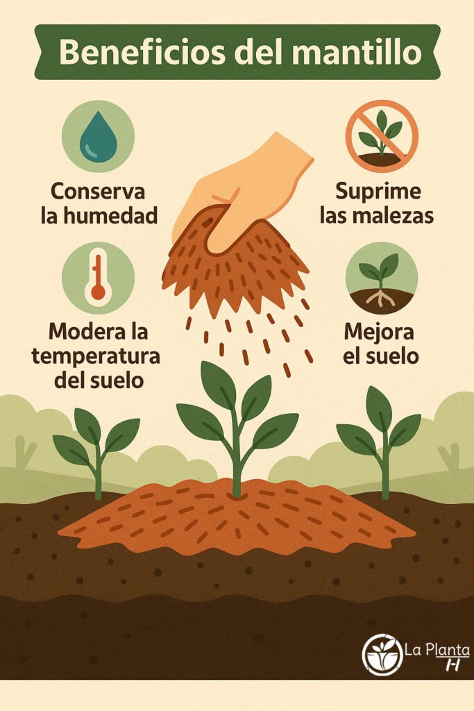 Infografía ilustrada sobre los beneficios del mantillo en el huerto: conserva la humedad, suprime las malezas, modera la temperatura del suelo y mejora su calidad. Autor: La Planta H.
