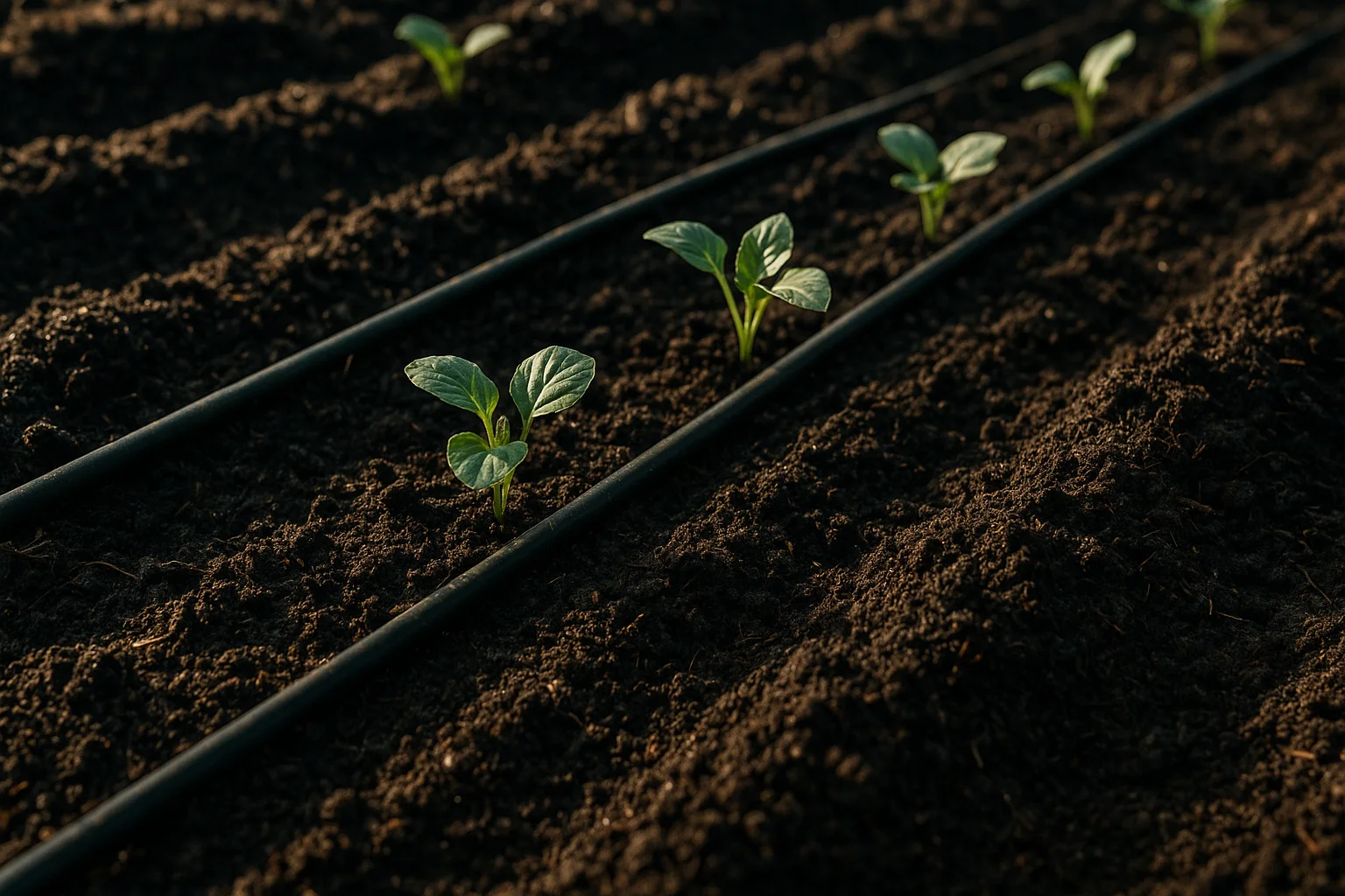 Brotes verdes creciendo en surcos de tierra fértil con sistema de riego por goteo, mostrando un huerto en etapa inicial. Ideal para quienes buscan preparar la tierra para huerto. Autor: La planta H.