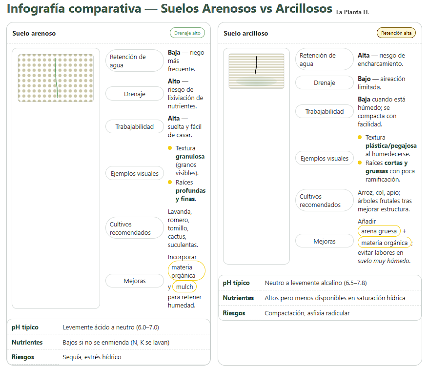 Infografía comparativa entre suelo arenoso y suelo arcilloso, destacando diferencias en retención de agua, textura, trabajabilidad, cultivos recomendados y mejoras necesarias. Autor: La Planta H.