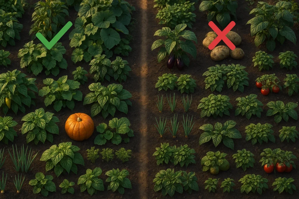 Comparación visual de cultivos: el lado izquierdo muestra pimientos creciendo saludablemente con un símbolo de verificación, mientras que el lado derecho tiene pimientos junto a papas y tomates, marcados con una equis roja. Autor: La Planta H