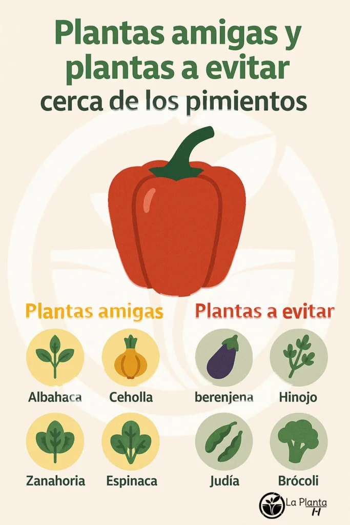 Infografía sobre plantas amigas y plantas a evitar cerca de los pimientos. Incluye albahaca, cebolla, zanahoria y espinaca como compatibles; berenjena, hinojo, judía y brócoli como incompatibles. Autor: La Planta H.