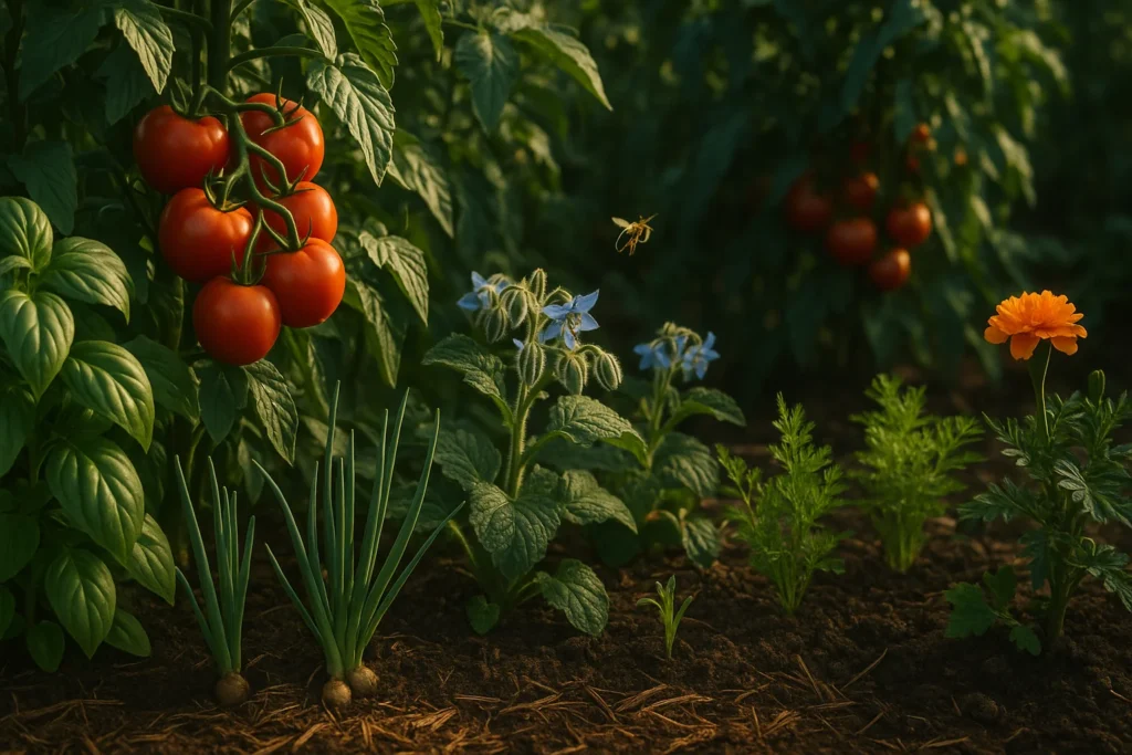 Huerto con plantas de tomate, albahaca, cebolla, borraja, zanahoria y caléndula creciendo en tierra fértil, iluminadas por la luz del sol; una abeja vuela cerca de las flores. Autor: Hilos de historia.